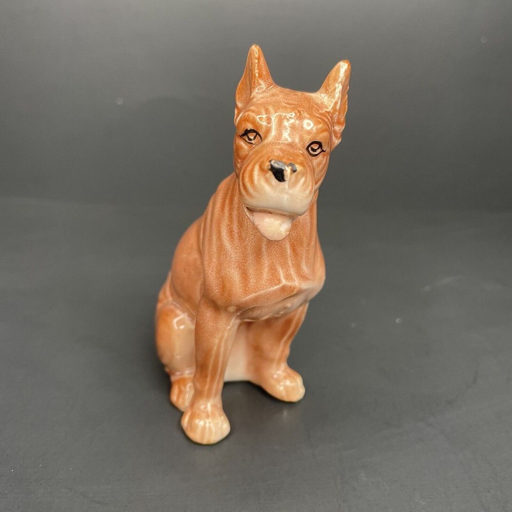 Vtg Dog Figurine Boxer Bully‎ Breed Wrinkly Face Pointy Ears Tan Porcelain Puppy